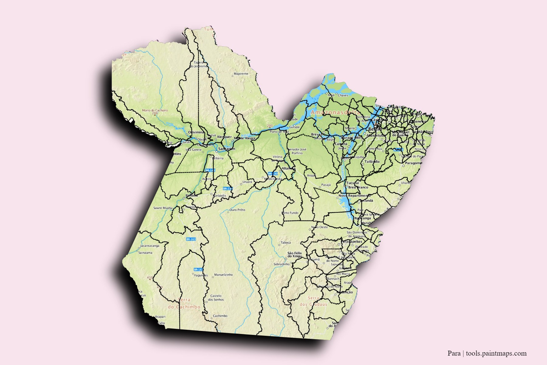 Mapa de Para y sus distritos con efecto de sombra 3D