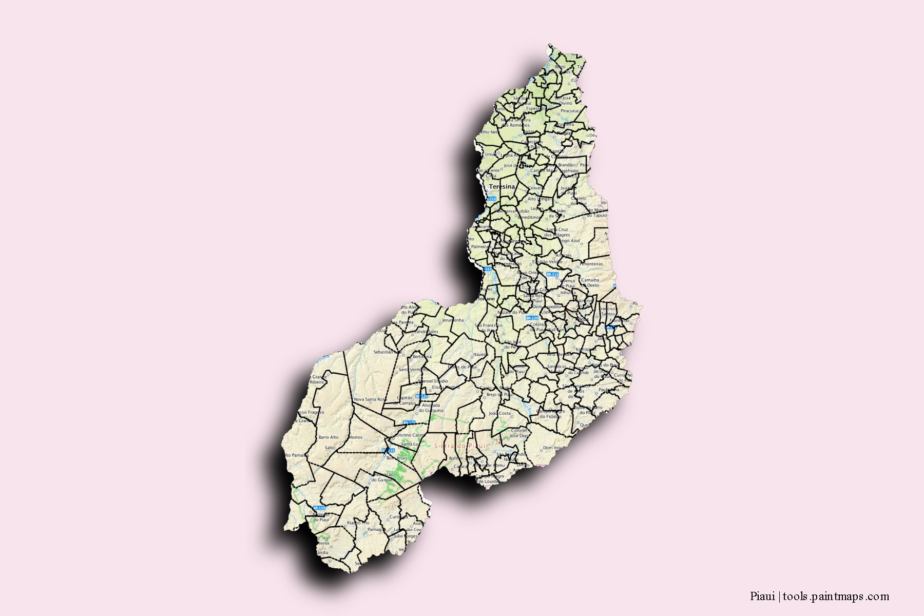 Mapa de Piaui y sus distritos con efecto de sombra 3D