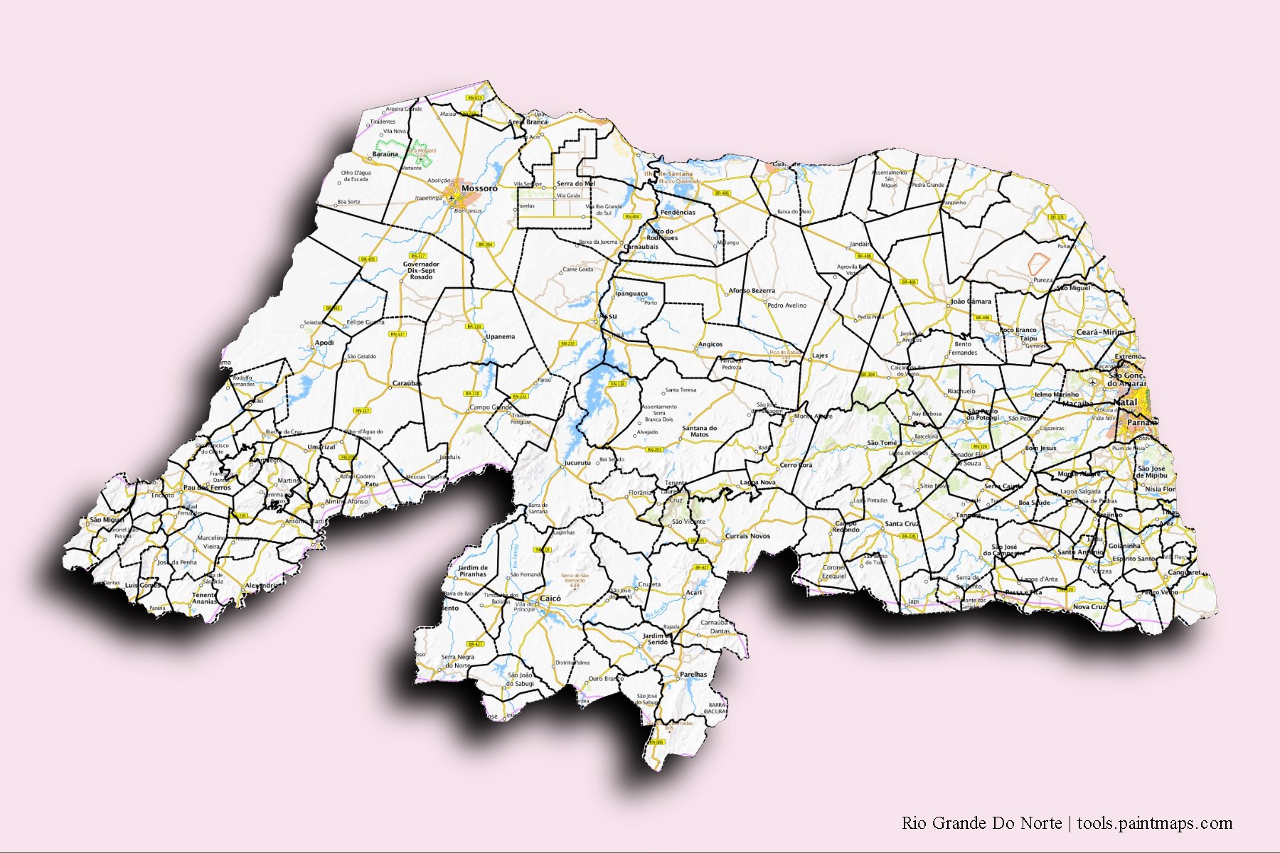 Mapa de Rio Grande Do Norte y sus distritos con efecto de sombra 3D