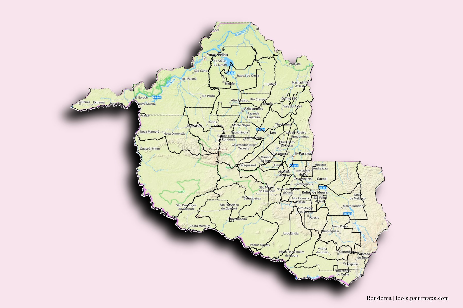Mapa de Rondonia y sus distritos con efecto de sombra 3D