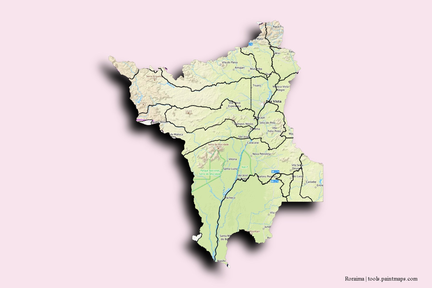 Roraima and counties map with 3D shadow effect