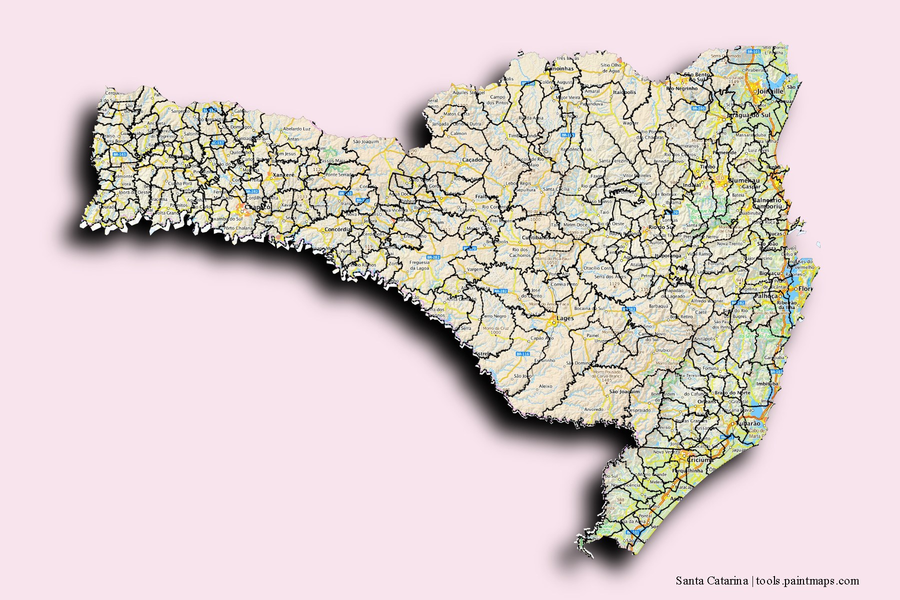 Mapa de Santa Catarina y sus distritos con efecto de sombra 3D