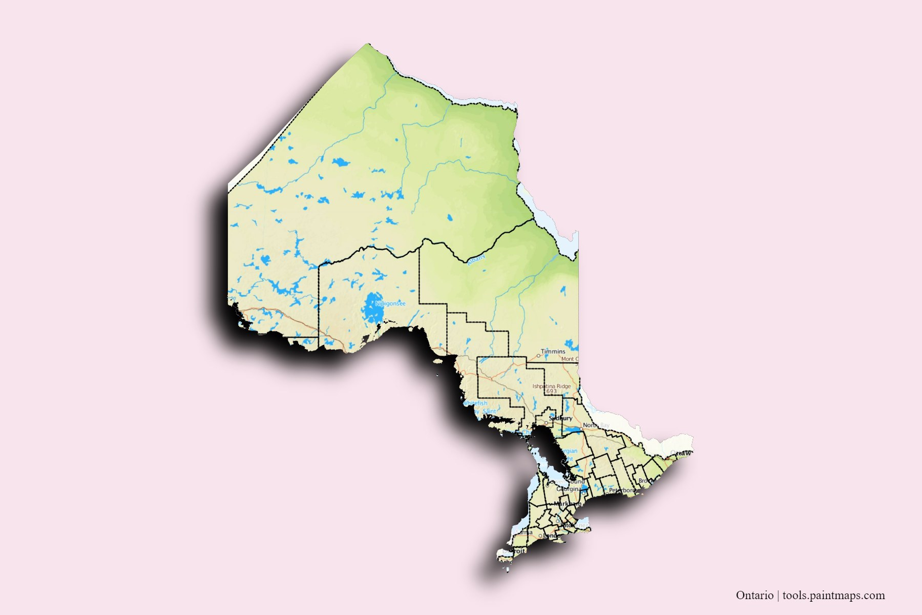 3D gölge efektli Ontario ve ilçeleri haritası