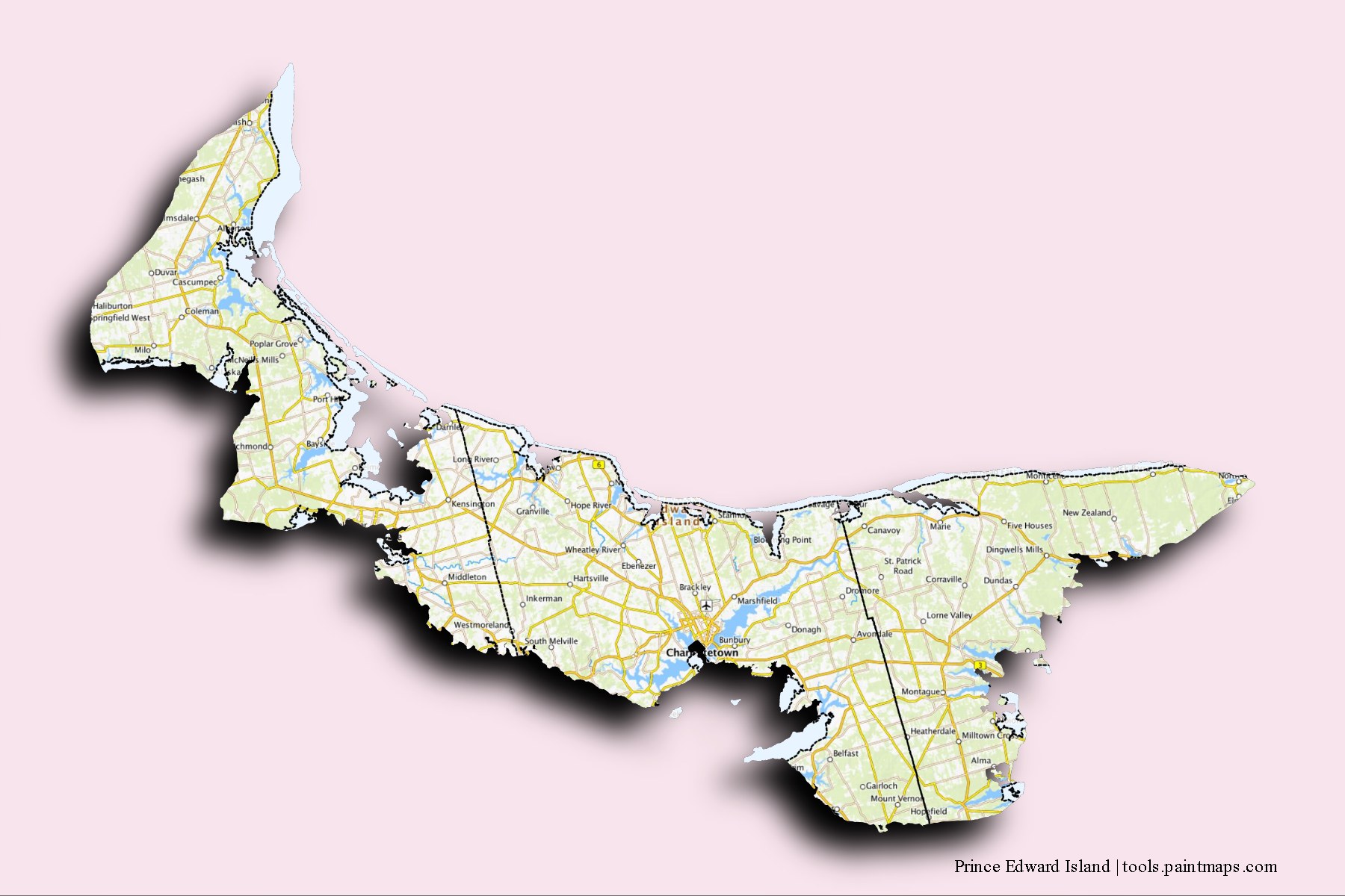 Prince Edward Island and counties map with 3D shadow effect