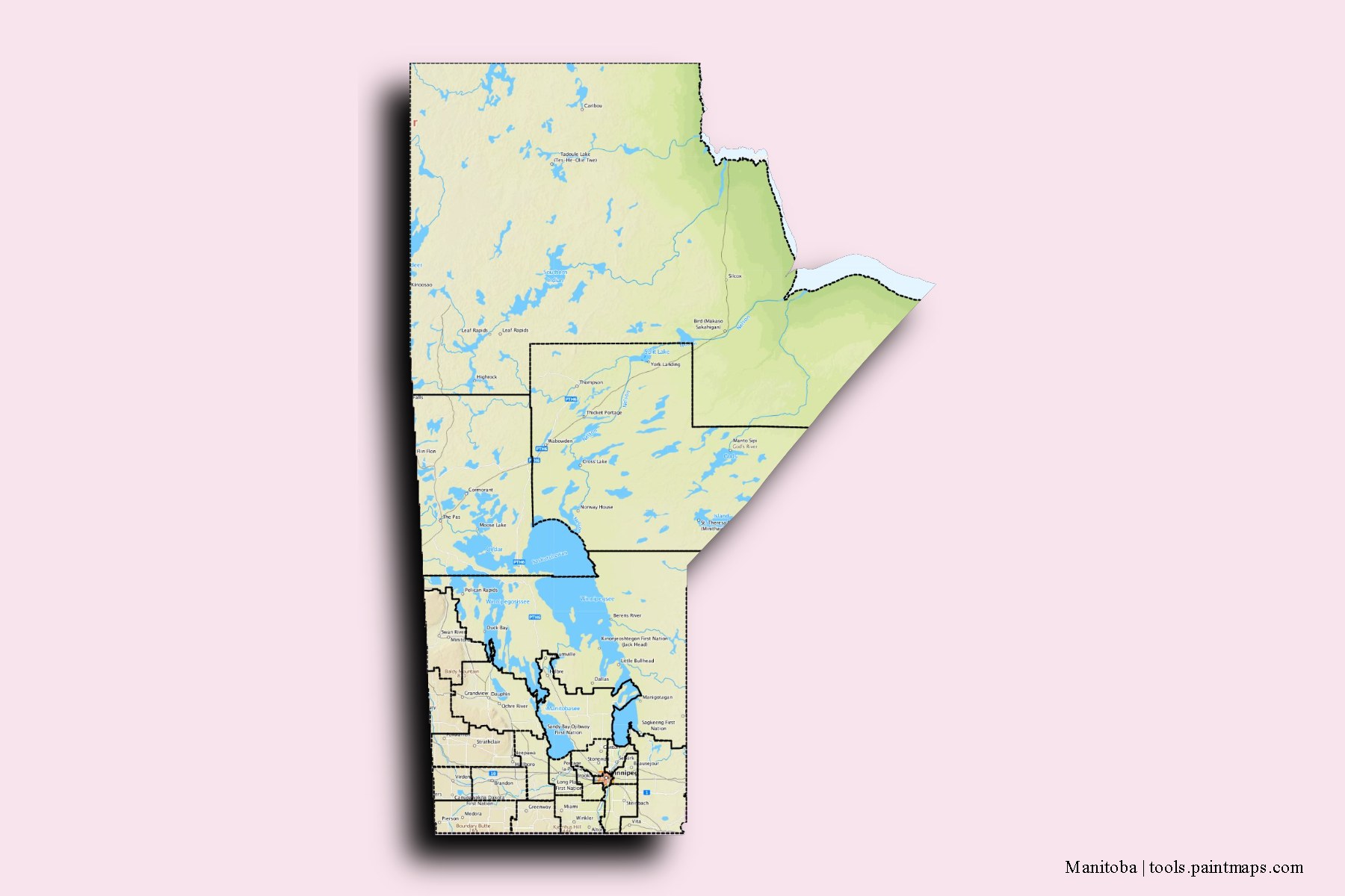 Manitoba and counties map with 3D shadow effect