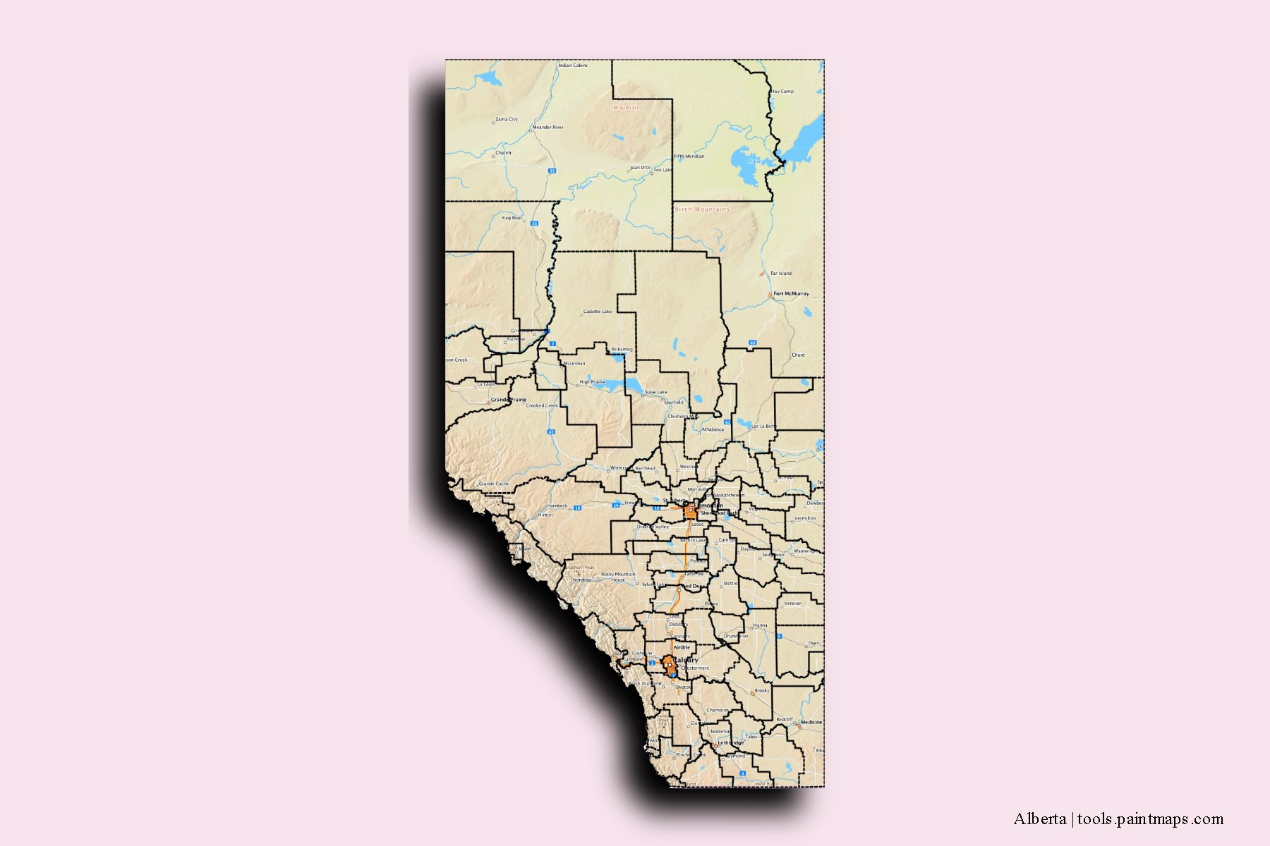 Mapa de Alberta y sus distritos con efecto de sombra 3D