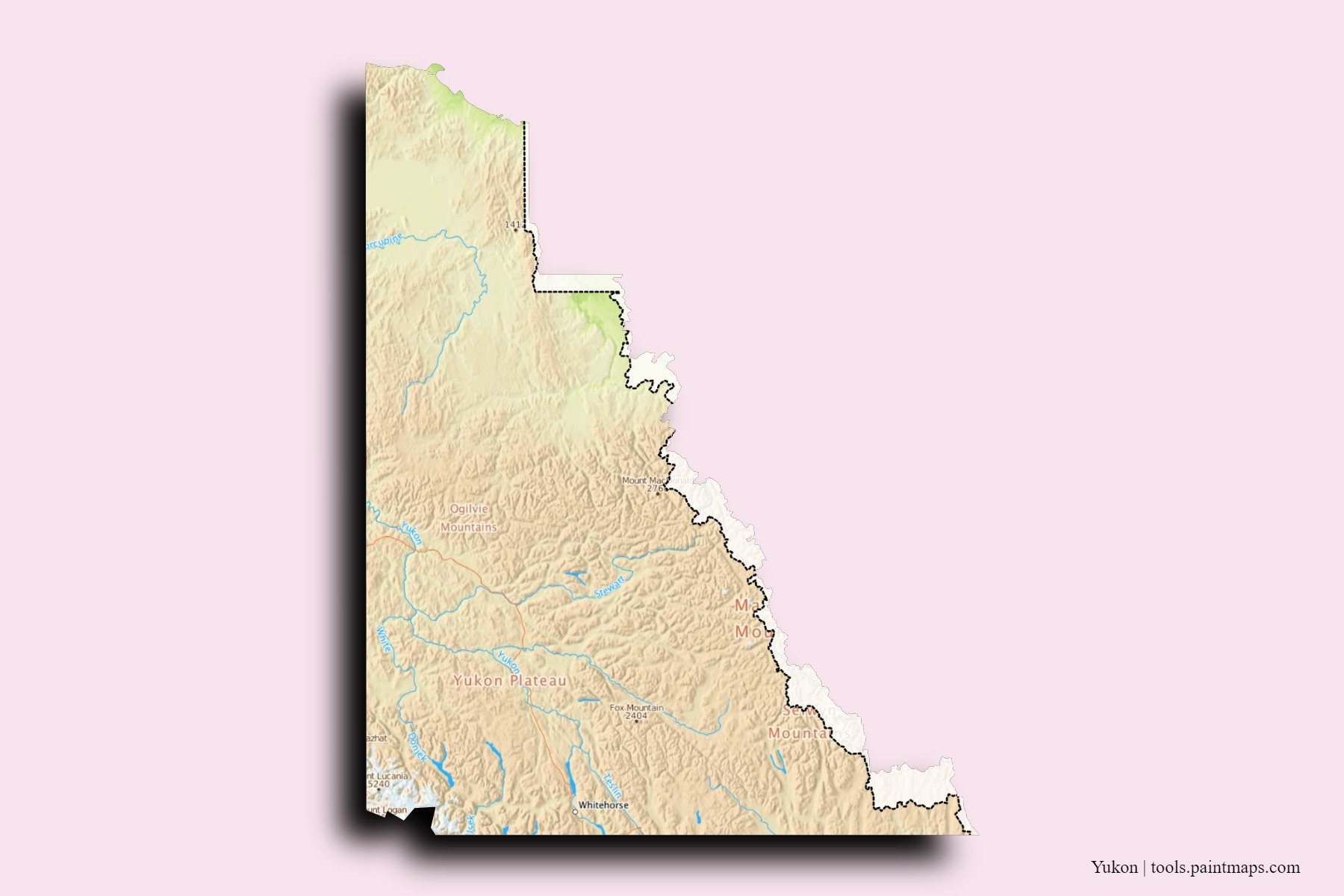 Yukon and counties map with 3D shadow effect