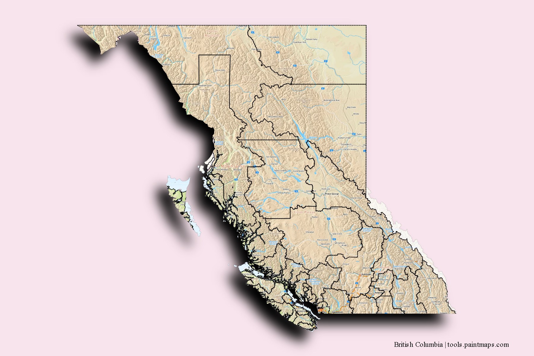 Mapa de British Columbia y sus distritos con efecto de sombra 3D