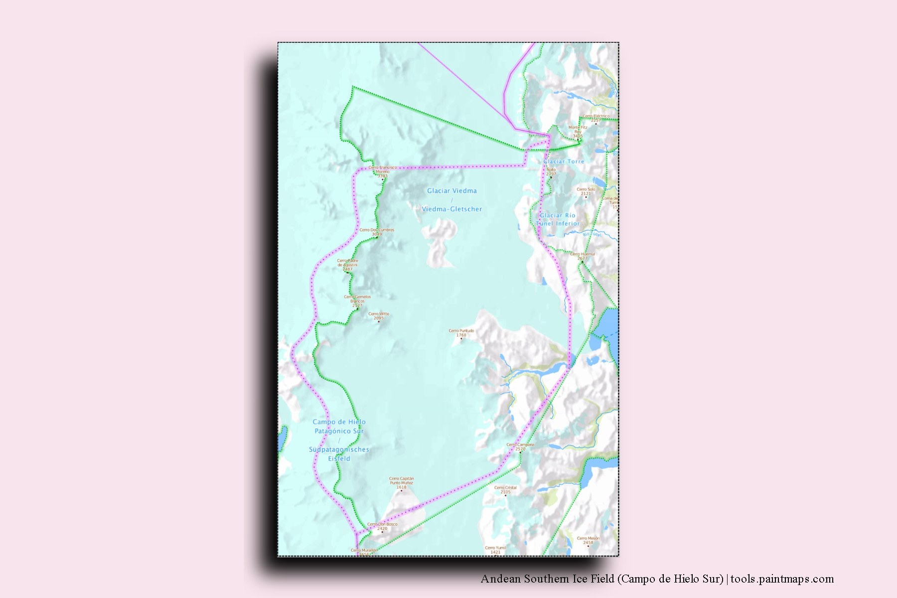 Mapa de Andean Southern Ice Field (Campo de Hielo Sur) y sus distritos con efecto de sombra 3D