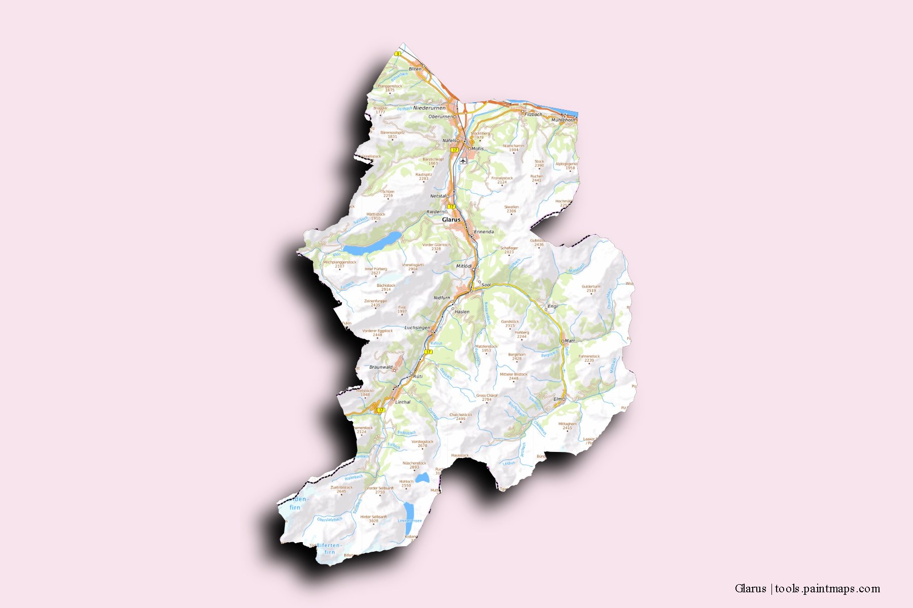 Mapa de Glarus y sus distritos con efecto de sombra 3D