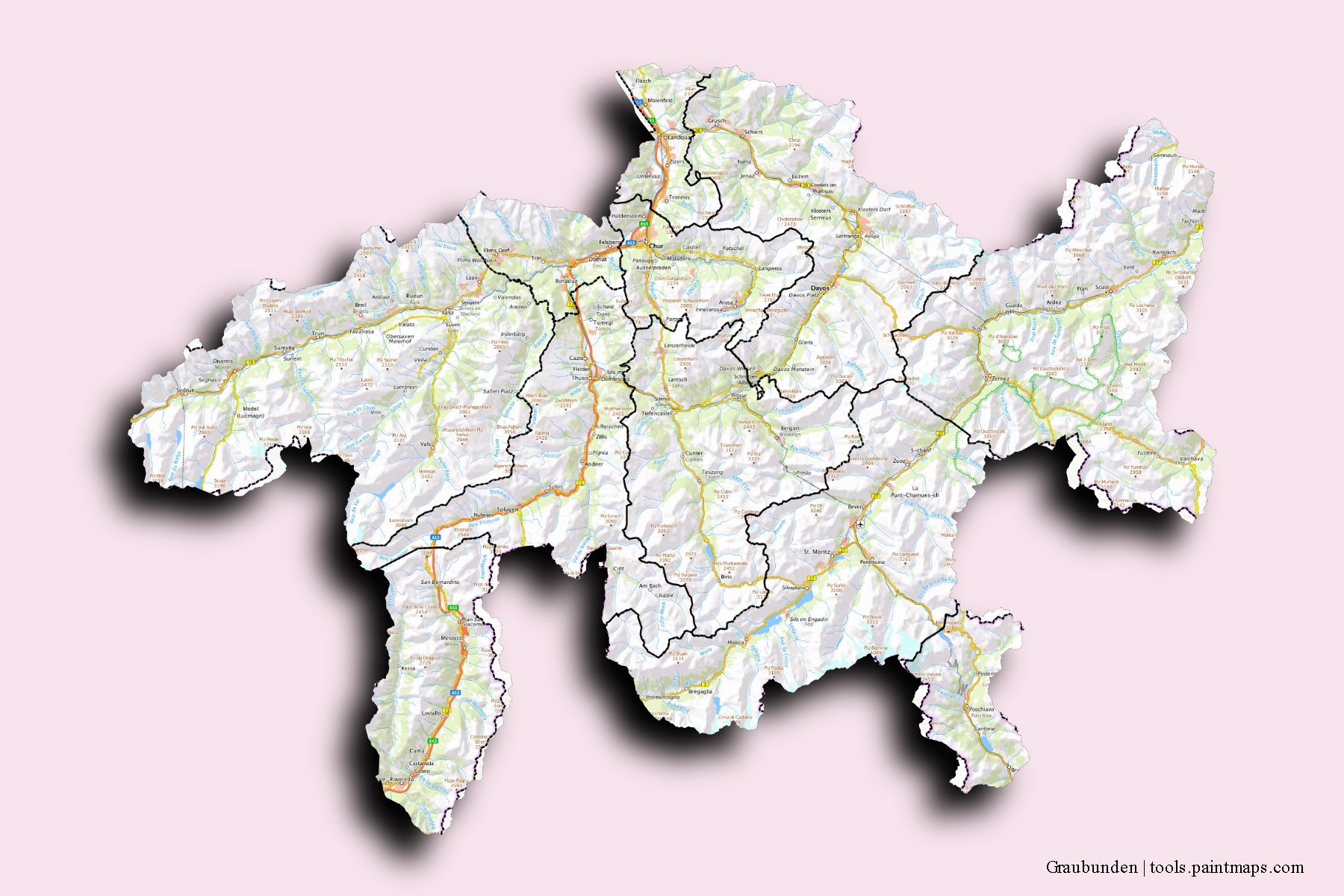 3D gölge efektli Graubünden ve ilçeleri haritası