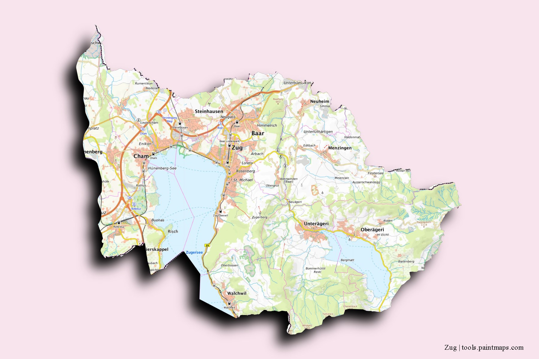 Zug and counties map with 3D shadow effect