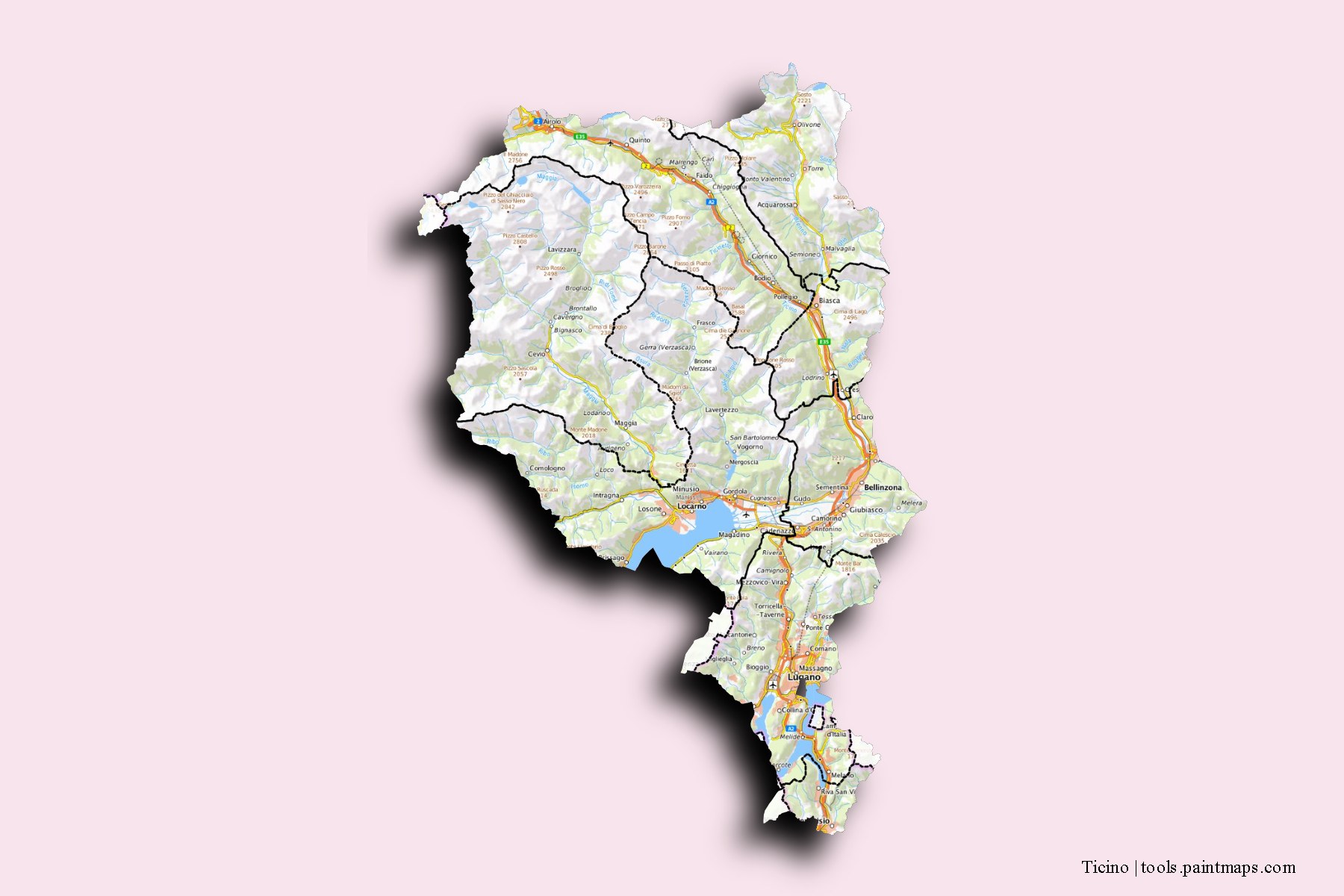 Ticino and counties map with 3D shadow effect