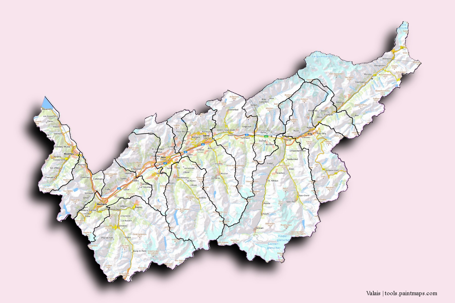 Mapa de Valais y sus distritos con efecto de sombra 3D