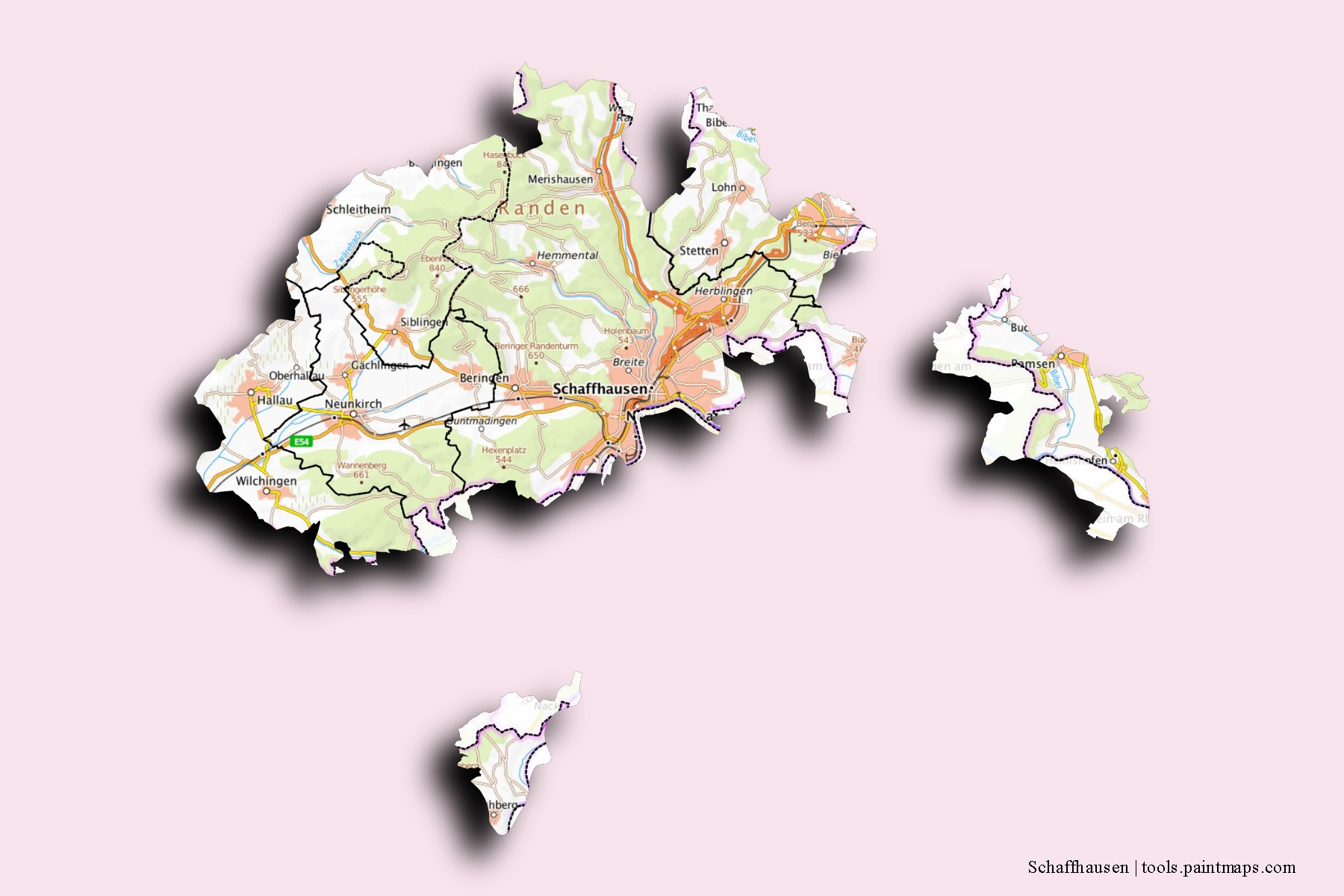 3D gölge efektli Schaffhausen ve ilçeleri haritası