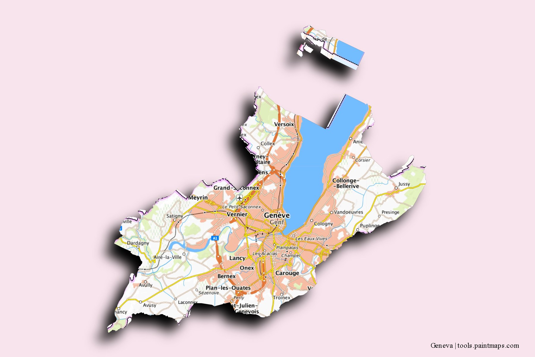 Mapa de Geneva y sus distritos con efecto de sombra 3D