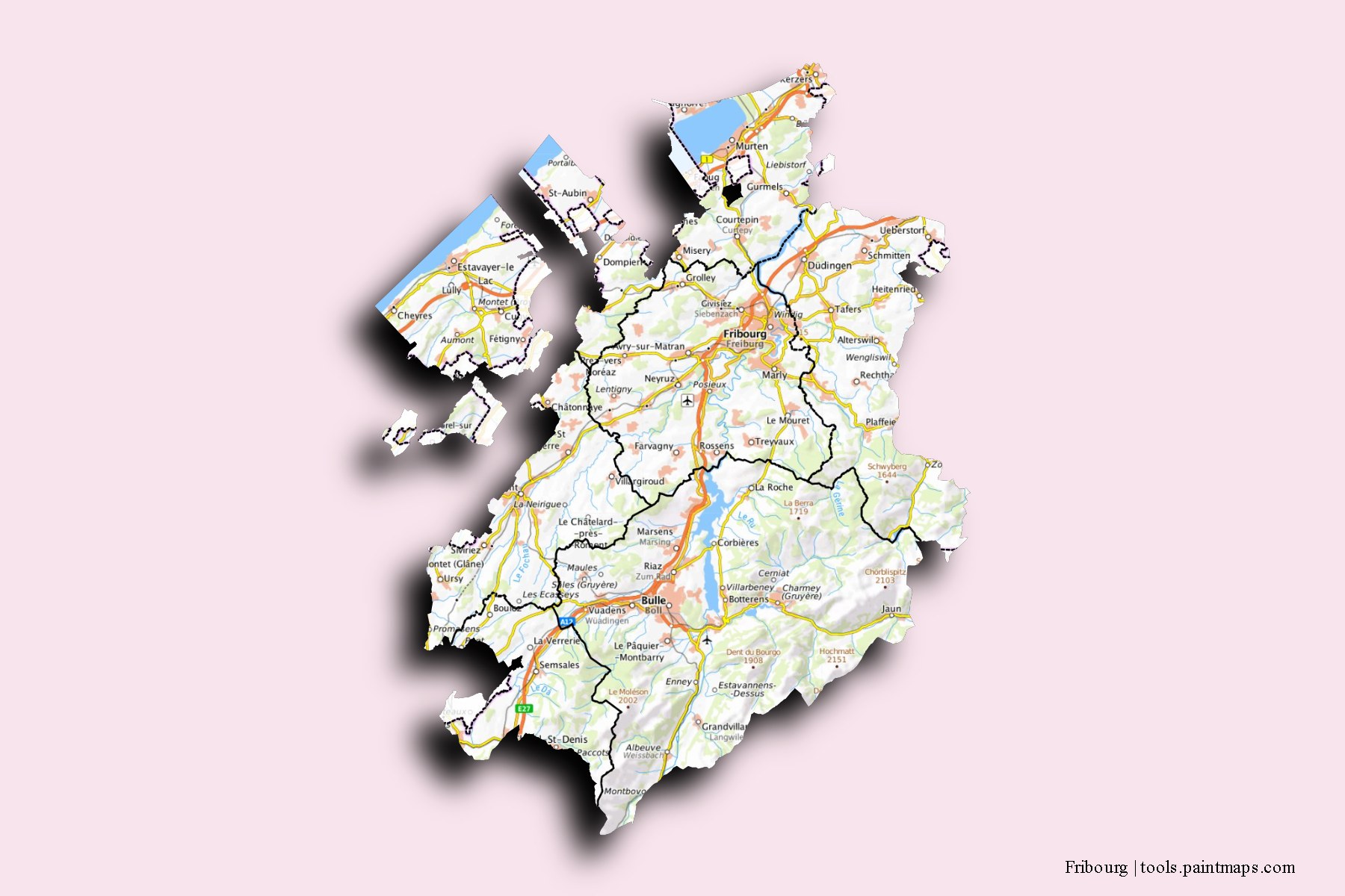 Fribourg and counties map with 3D shadow effect