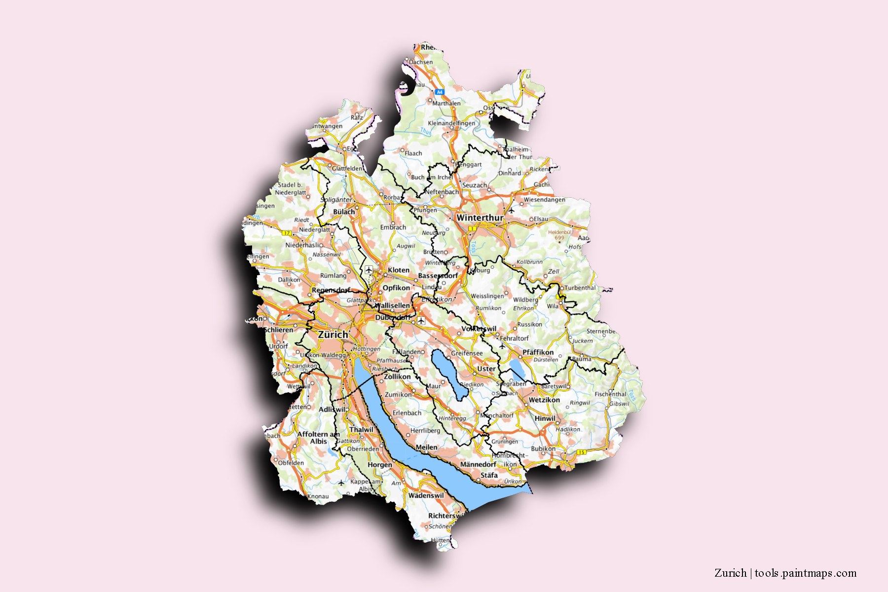 Zurich and counties map with 3D shadow effect