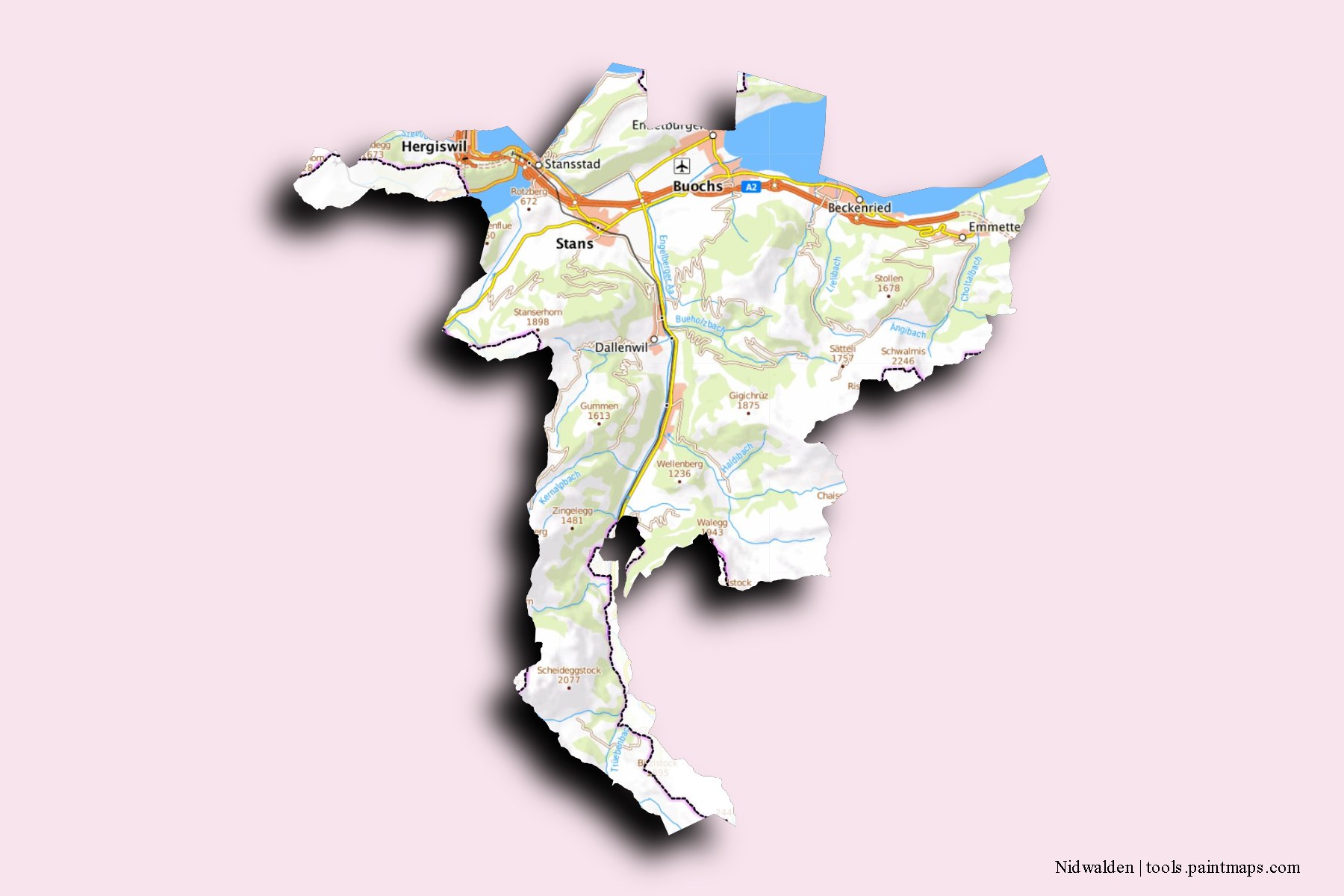 3D gölge efektli Nidwalden ve ilçeleri haritası
