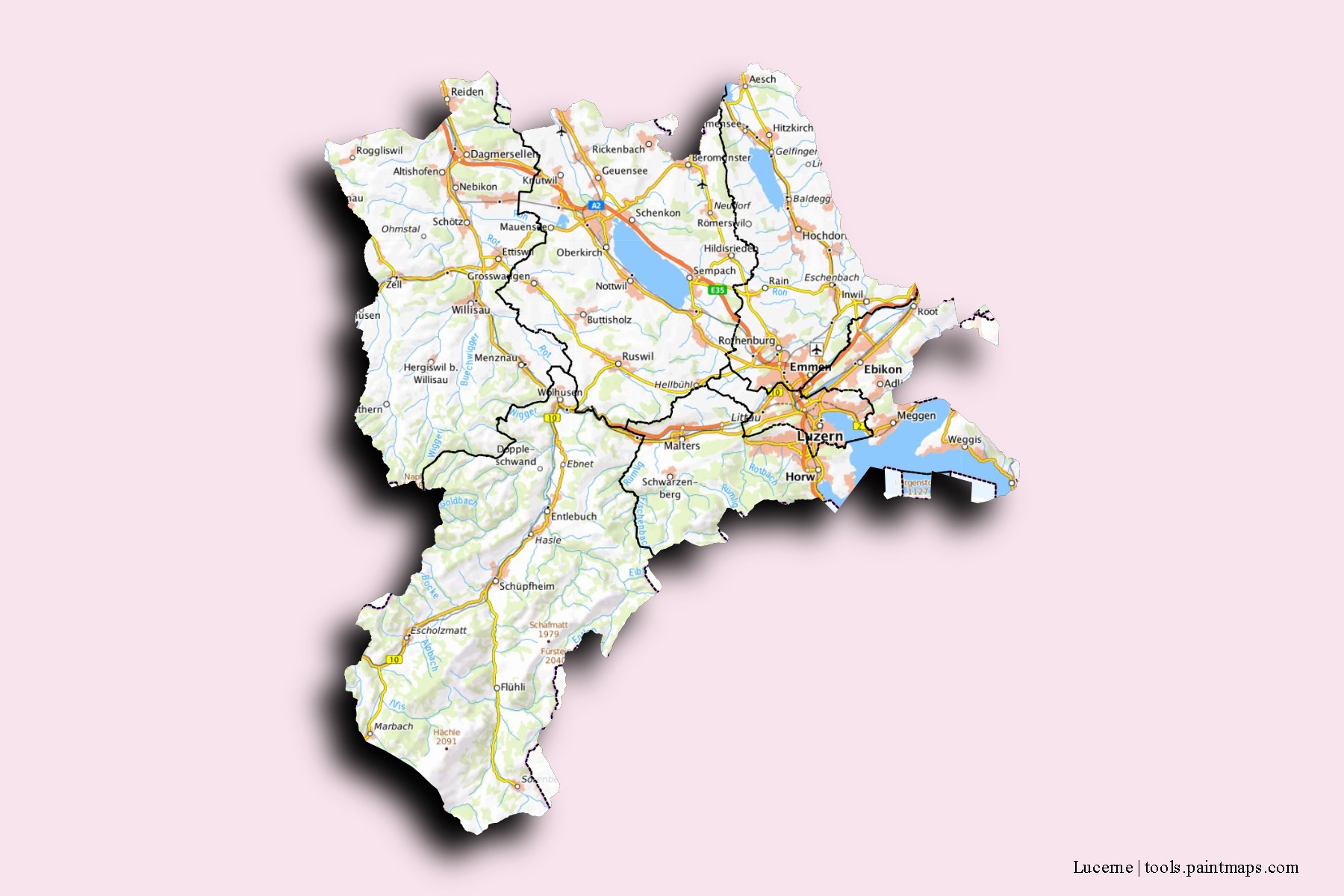 Lucerne and counties map with 3D shadow effect