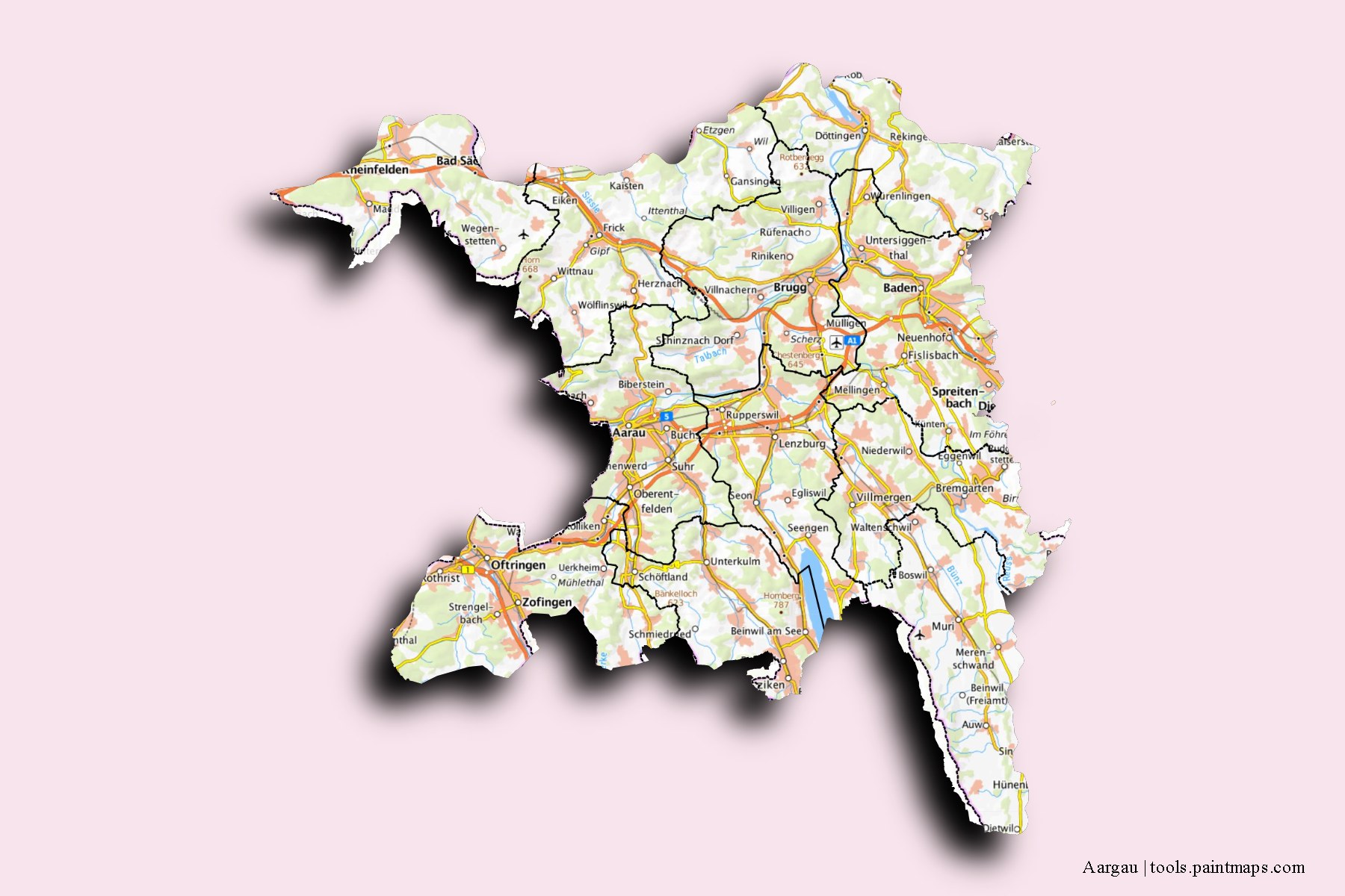 Aargau and counties map with 3D shadow effect