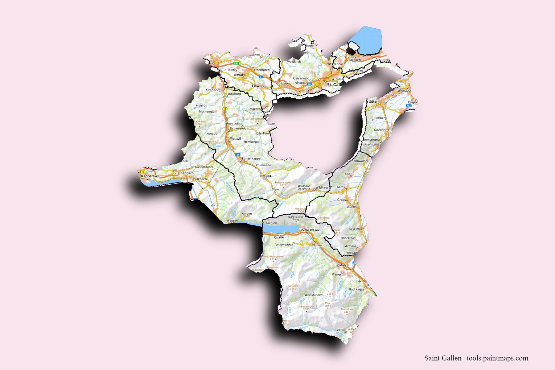 Saint Gallen and counties map with 3D shadow effect