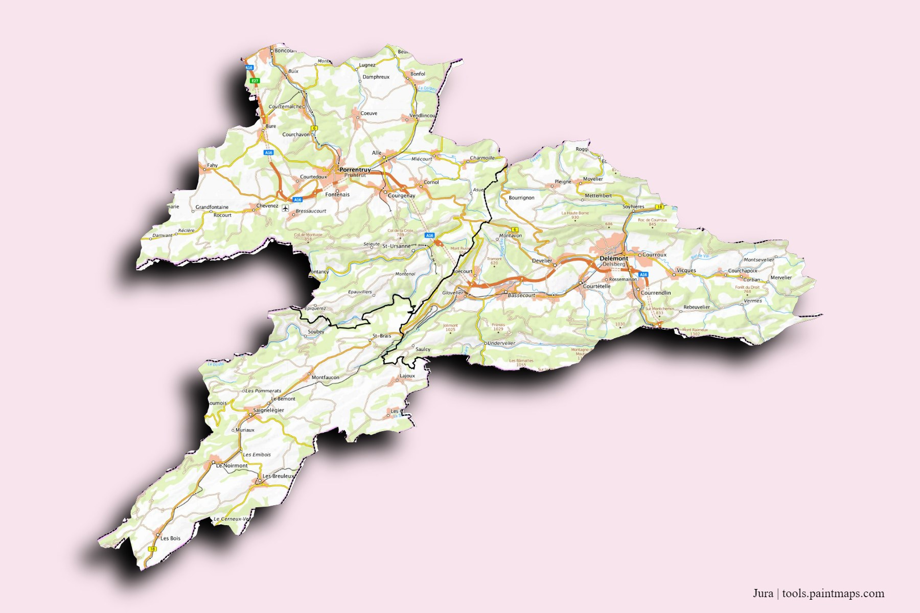 Mapa de Jura y sus distritos con efecto de sombra 3D