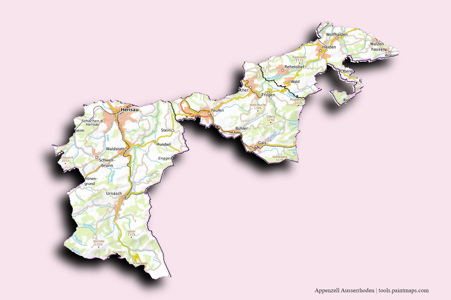 Mapa de Appenzell Ausserrhoden y sus distritos con efecto de sombra 3D