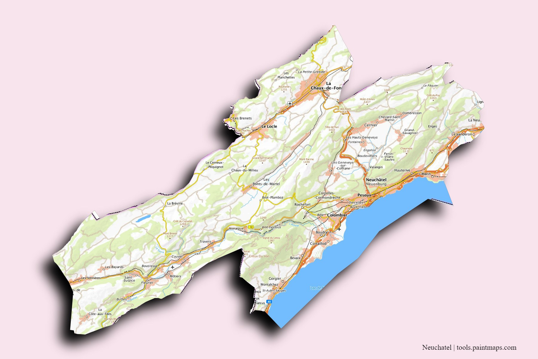 Neuchatel and counties map with 3D shadow effect