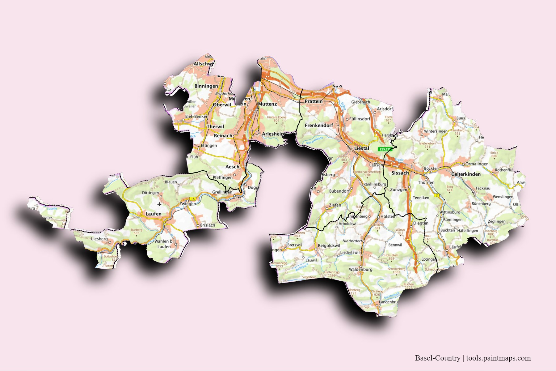 3D gölge efektli Basel-Landschaft ve ilçeleri haritası