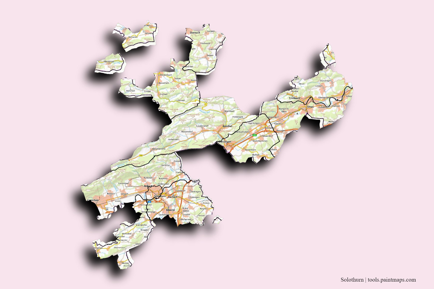 Solothurn and counties map with 3D shadow effect