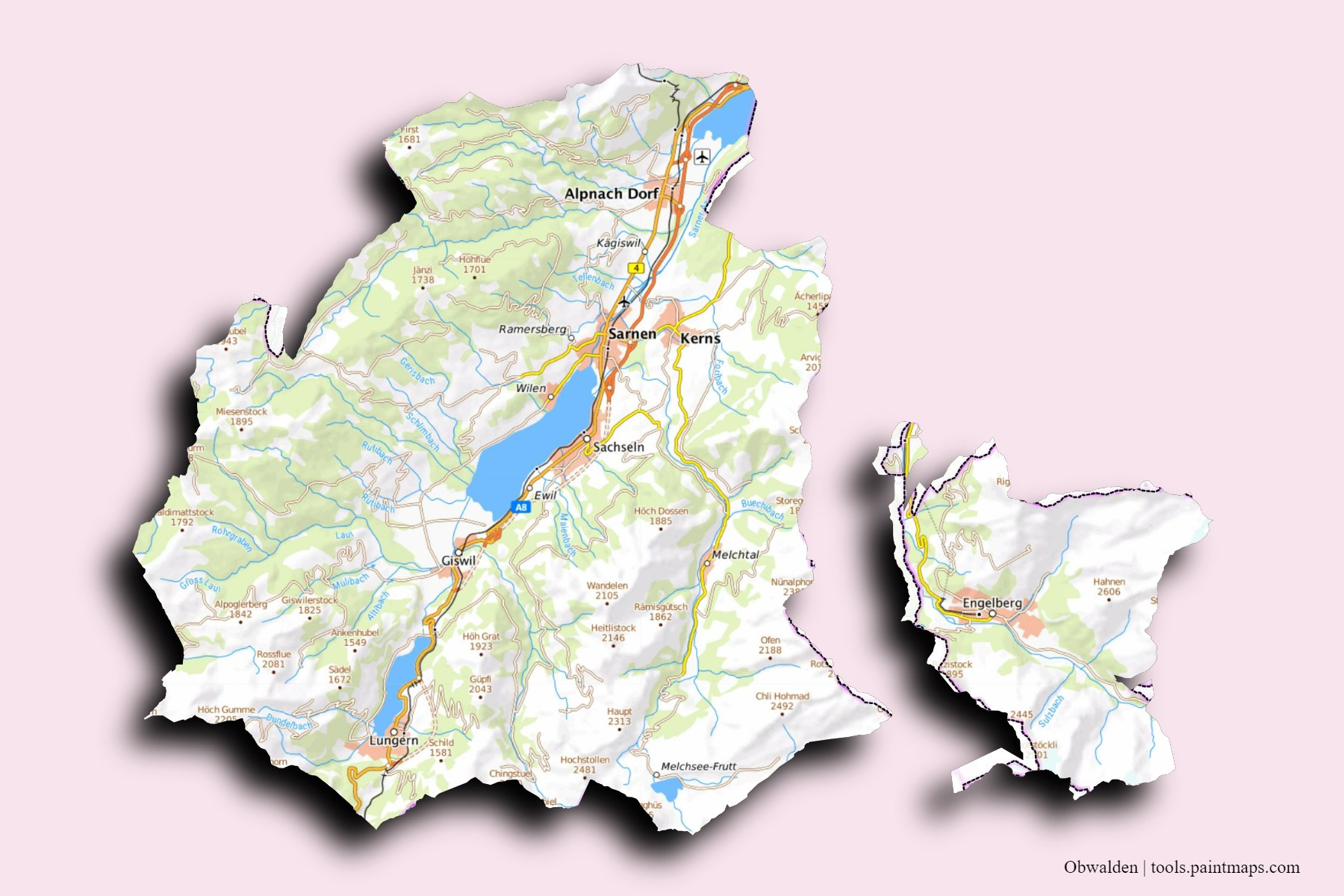 Obwalden and counties map with 3D shadow effect