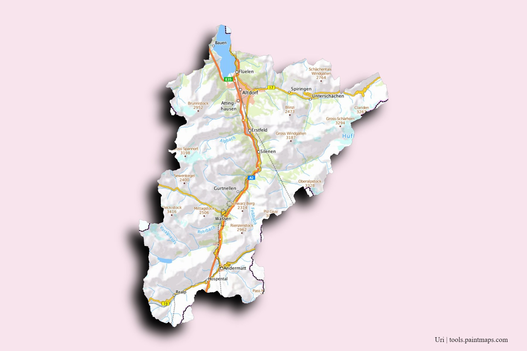 Uri and counties map with 3D shadow effect