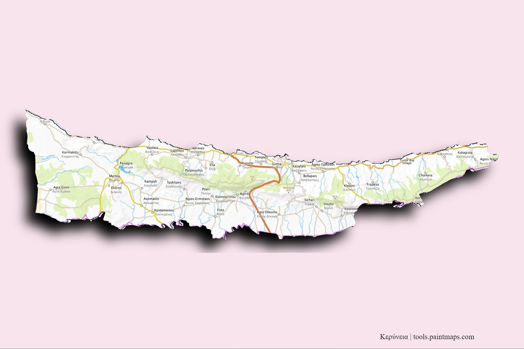 Mapa de Κερύνεια y sus distritos con efecto de sombra 3D