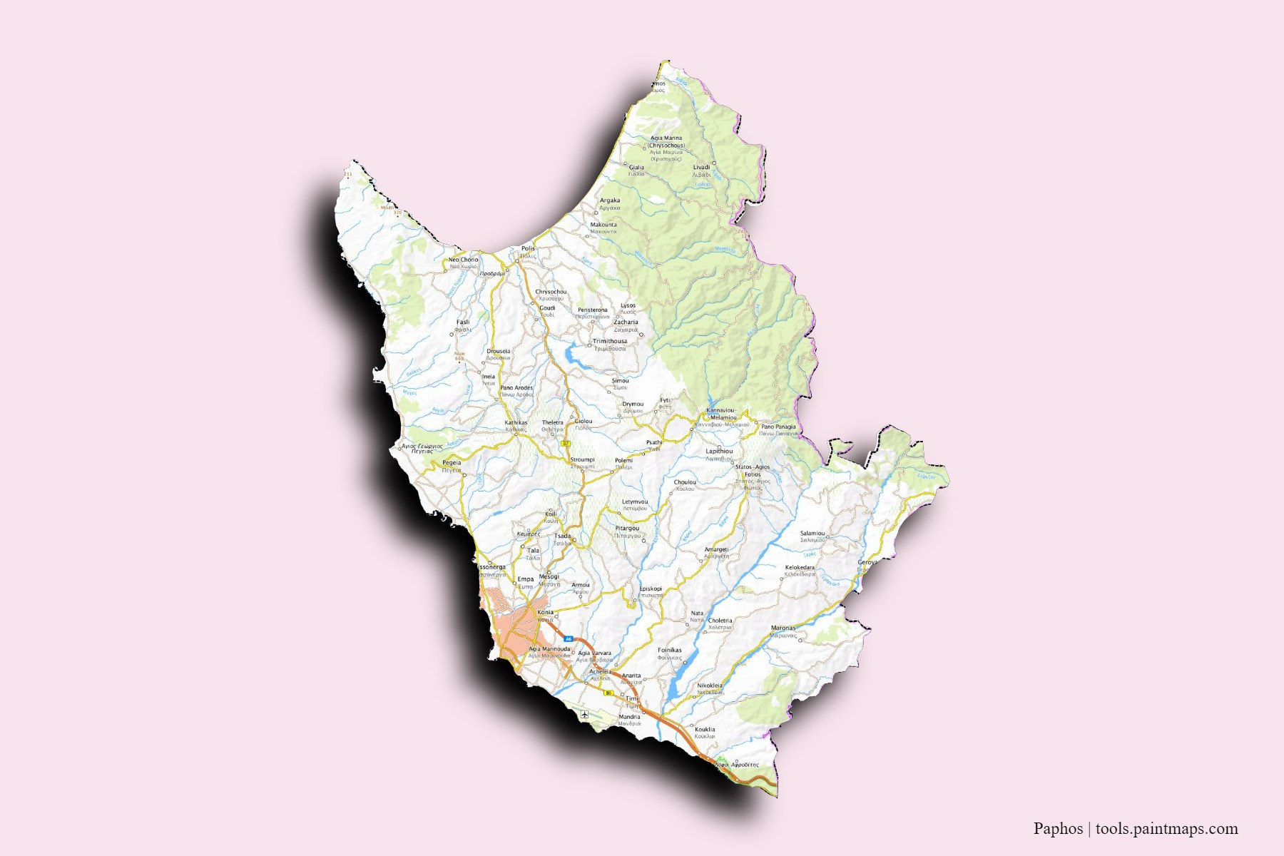 Mapa de Paphos y sus distritos con efecto de sombra 3D