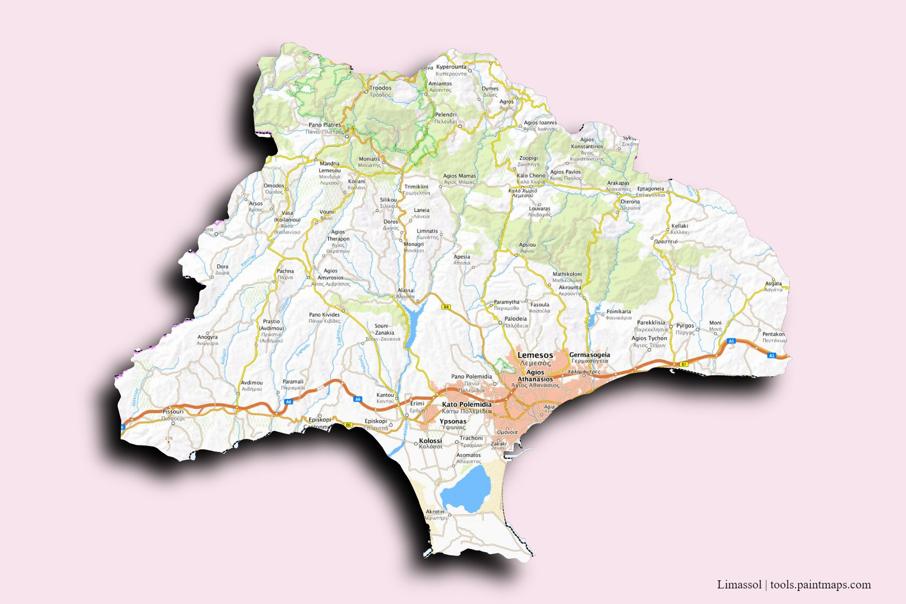 Mapa de Limassol y sus distritos con efecto de sombra 3D