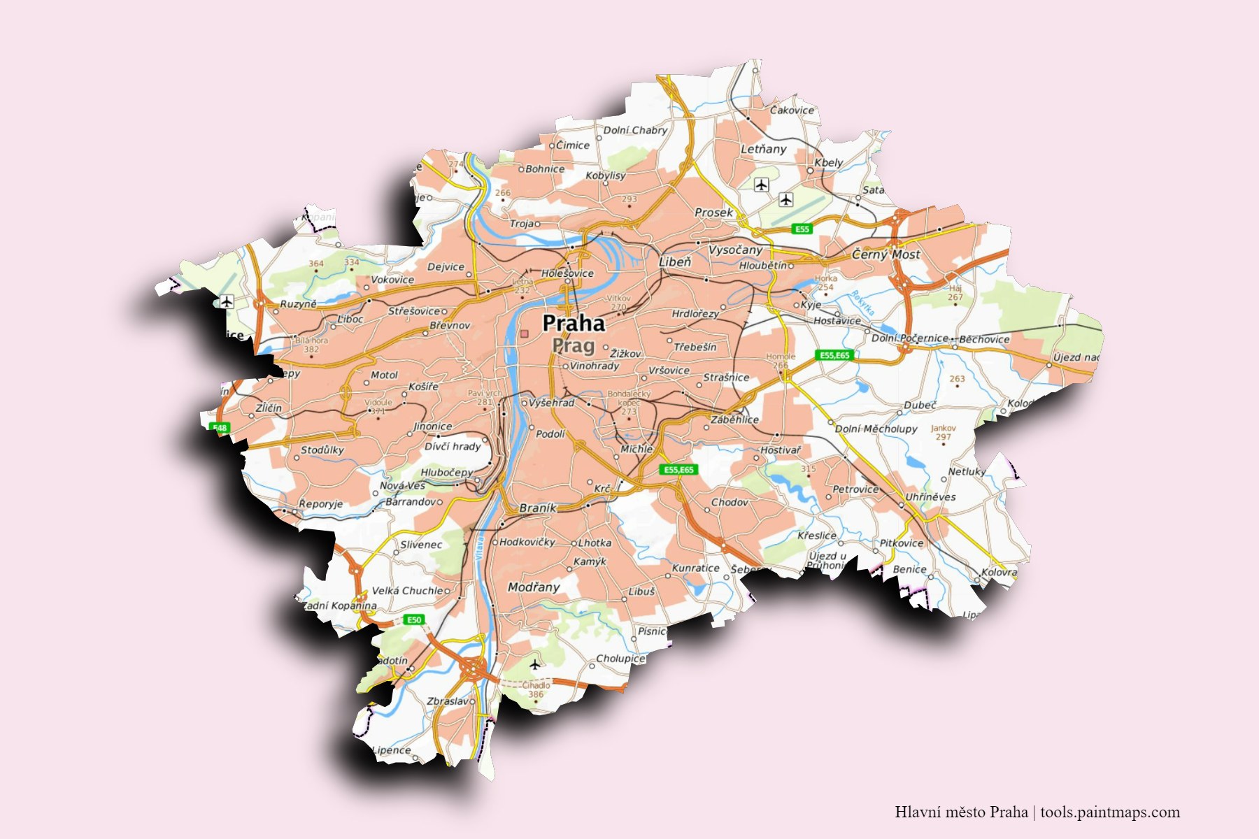 Mapa de Hlavní město Praha y sus distritos con efecto de sombra 3D