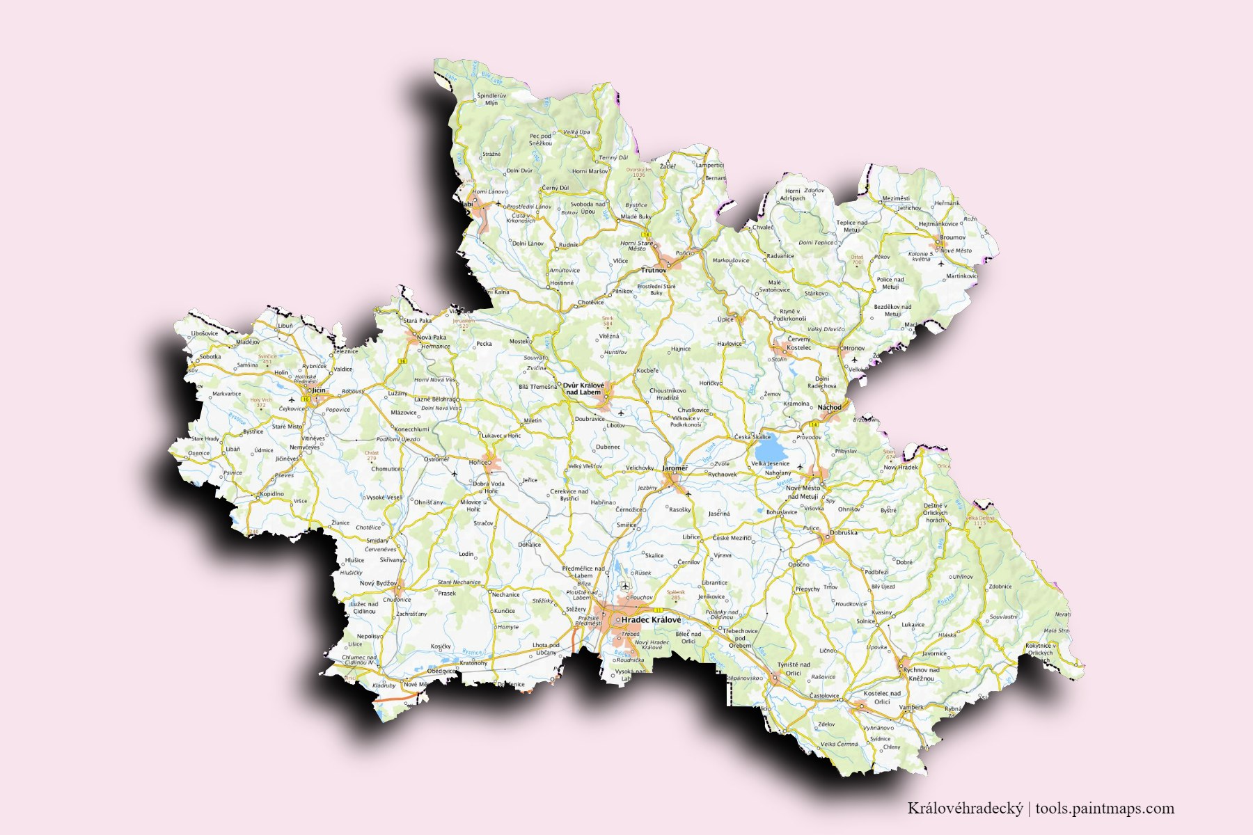 Hradec Králové and counties map with 3D shadow effect