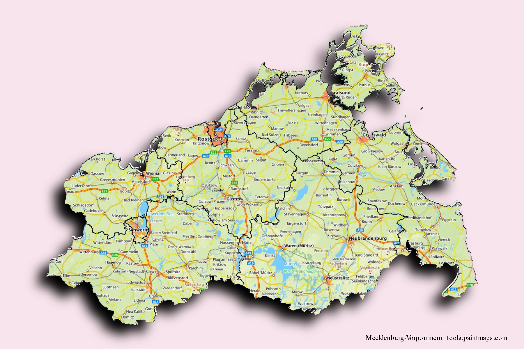 3D gölge efektli Mecklenburg-Vorpommern ve ilçeleri haritası