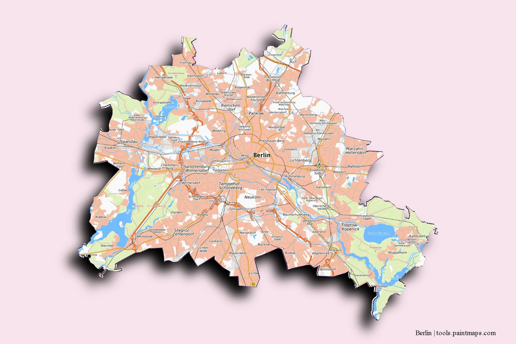 Mapa de Berlin y sus distritos con efecto de sombra 3D