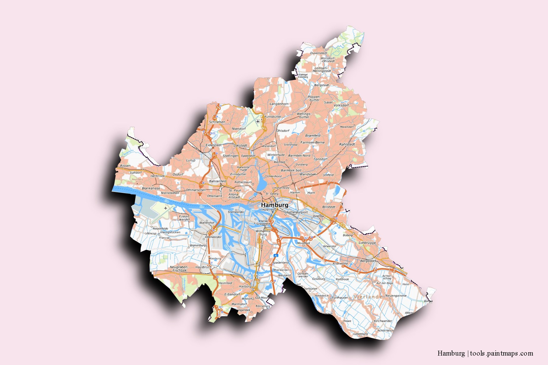 Mapa de Hamburg y sus distritos con efecto de sombra 3D