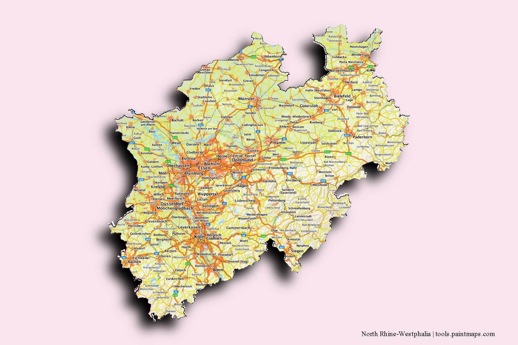 North Rhine-Westphalia and counties map with 3D shadow effect