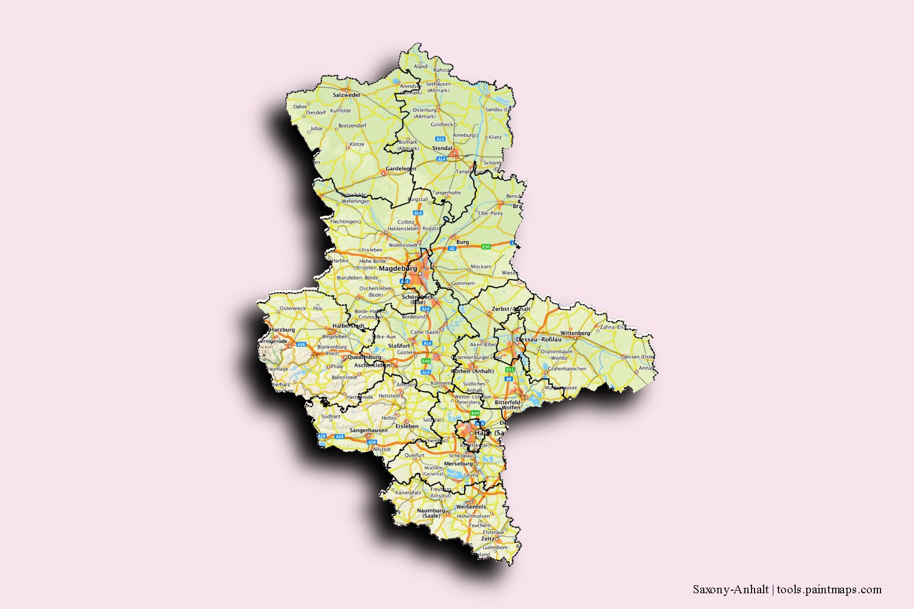 Mapa de Saxony-Anhalt y sus distritos con efecto de sombra 3D