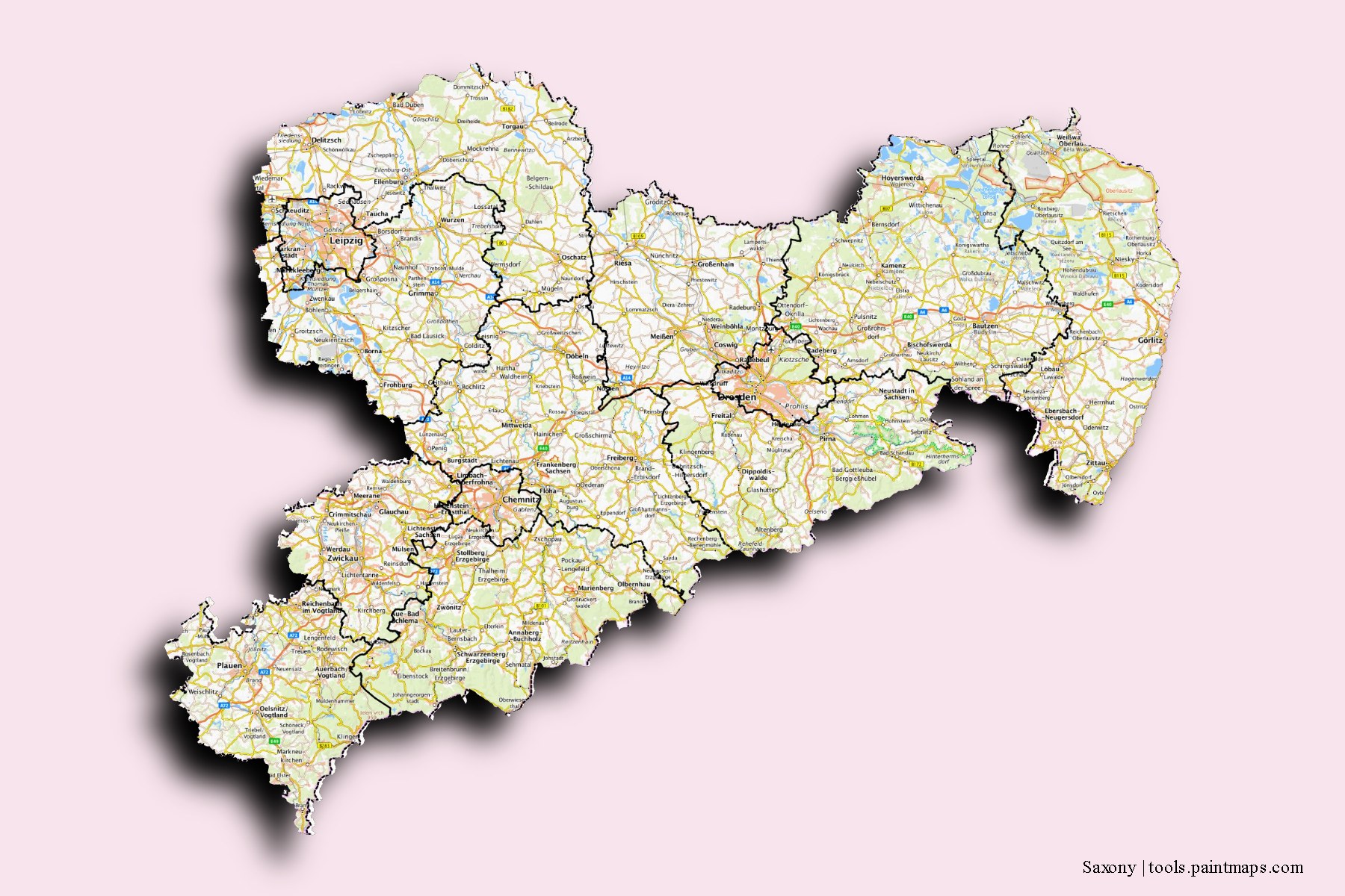 Saxony and counties map with 3D shadow effect