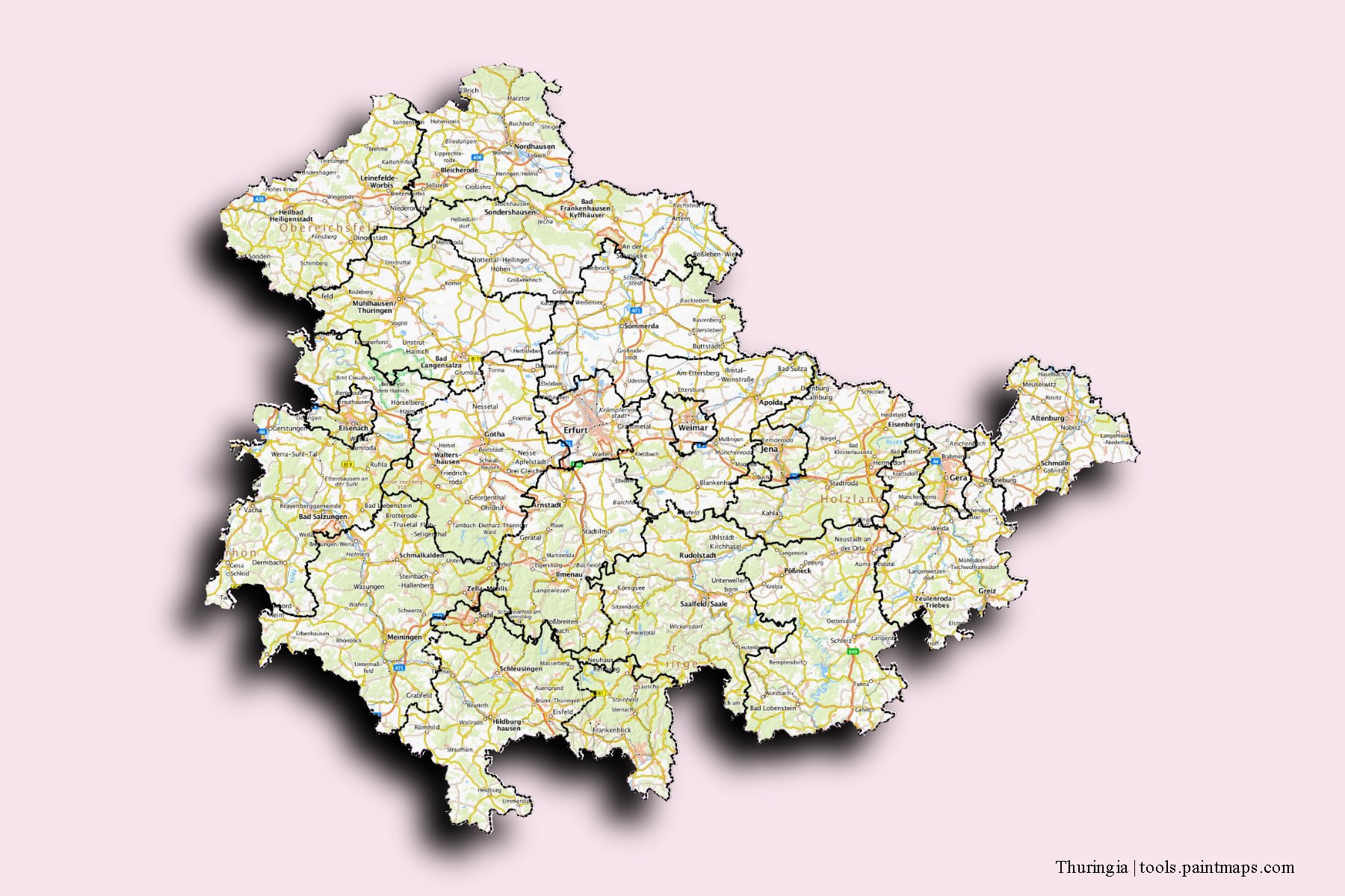 Thuringia and counties map with 3D shadow effect