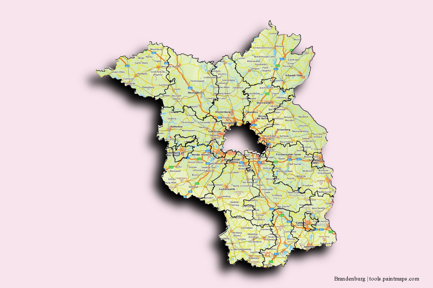 Brandenburg and counties map with 3D shadow effect