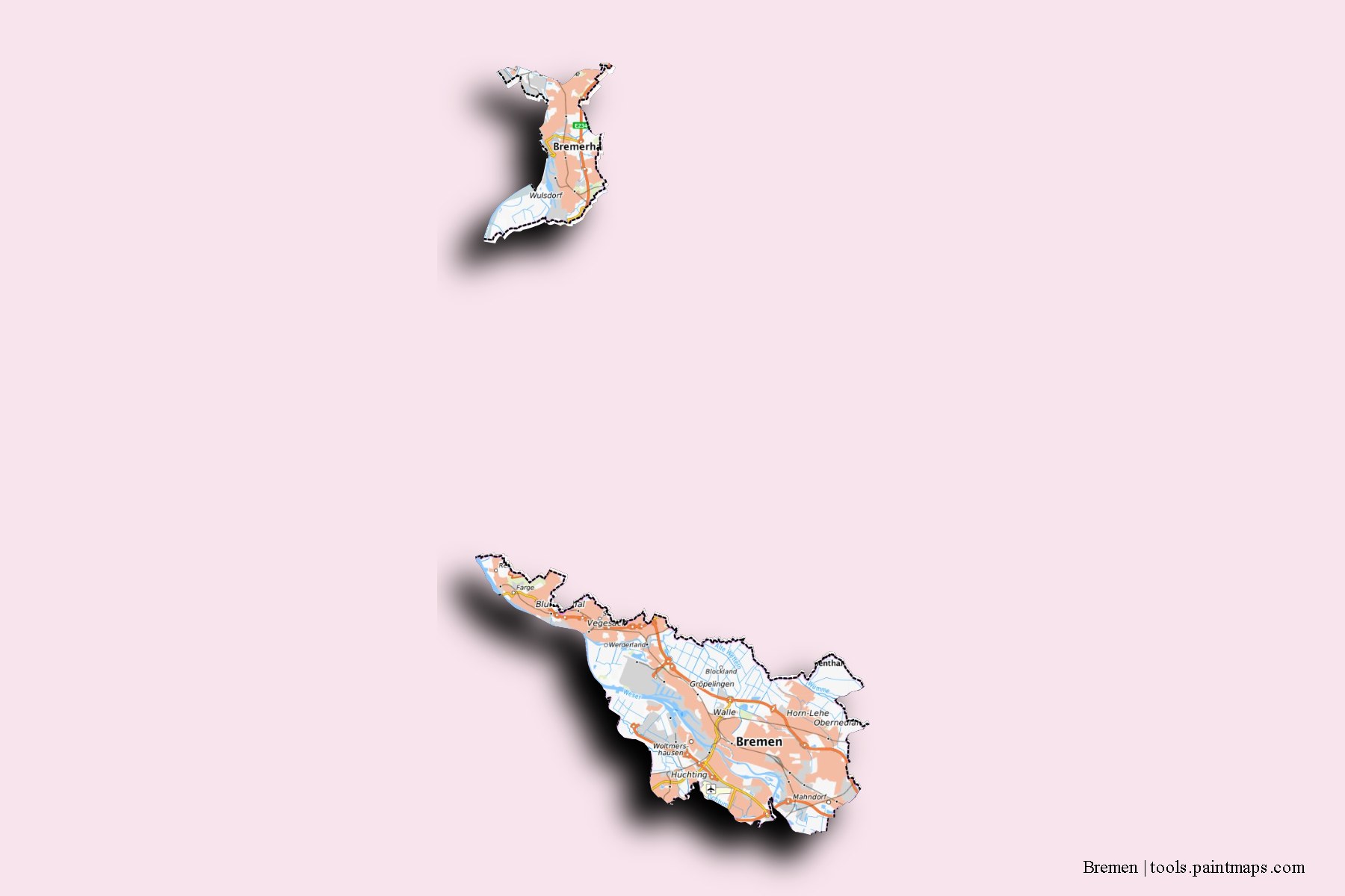 3D gölge efektli Bremen ve ilçeleri haritası
