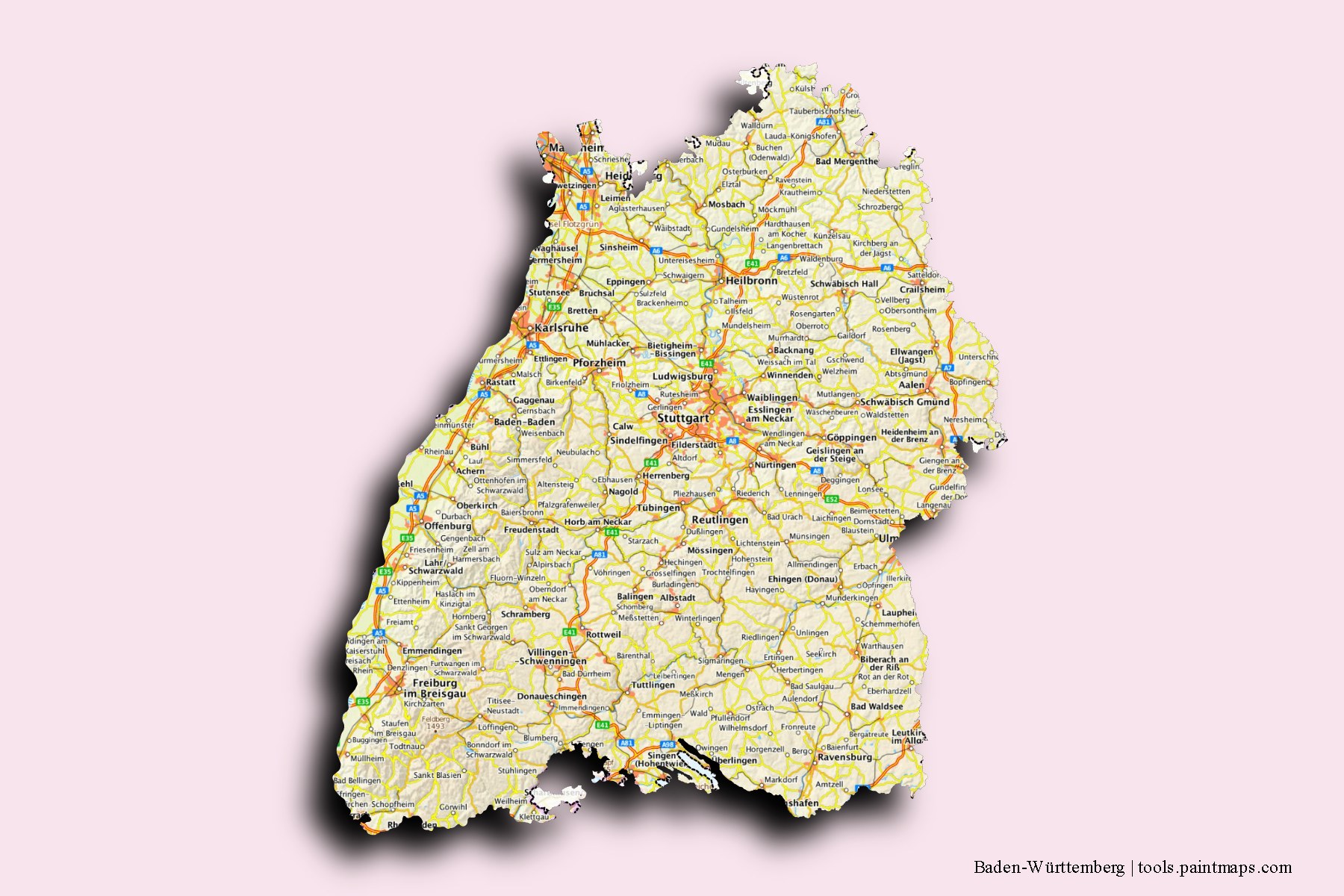 Baden-Württemberg and counties map with 3D shadow effect