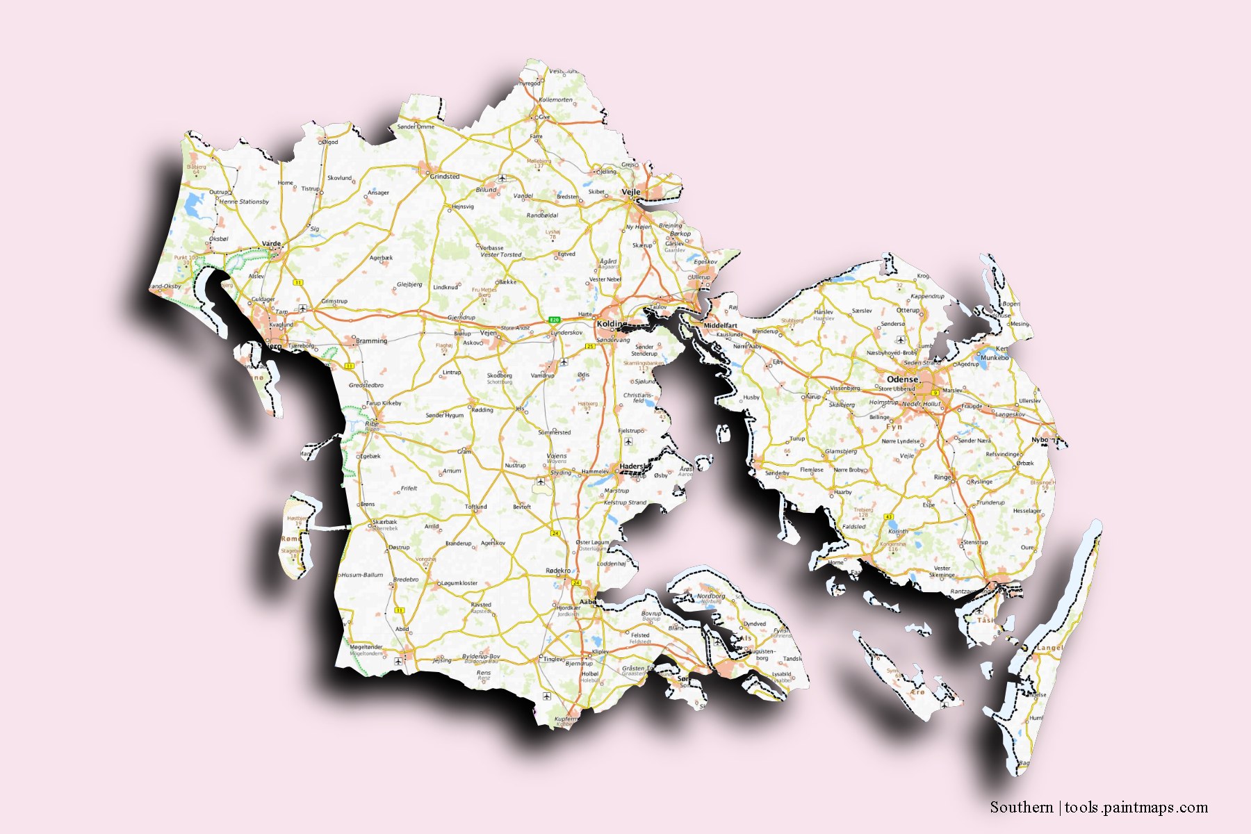 Southern and counties map with 3D shadow effect