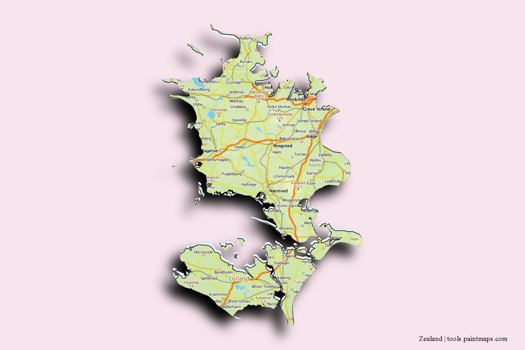 Zealand and counties map with 3D shadow effect